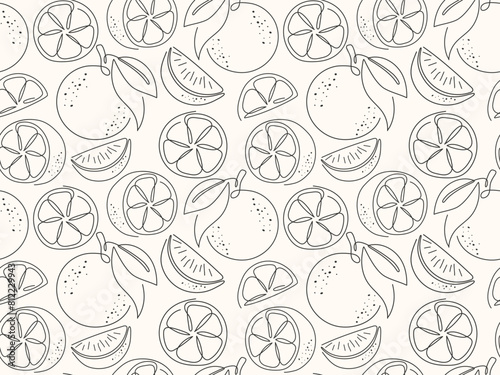 Citrus slice outline seamless pattern. Black and white background. Sketch fresh tropical fruit illustration. Ornament for packaging, cover, wallpaper