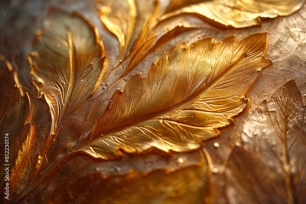 This image features an intricate design of a golden leaf imprinted onto a textured surface This image features an intricate design of a golden leaf imprinted onto a textured surface