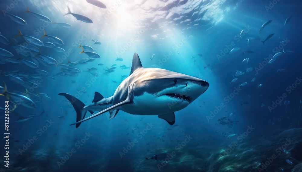Fototapeta premium The great White Shark in the ocean, portrait of White shark hunting prey in the underwater