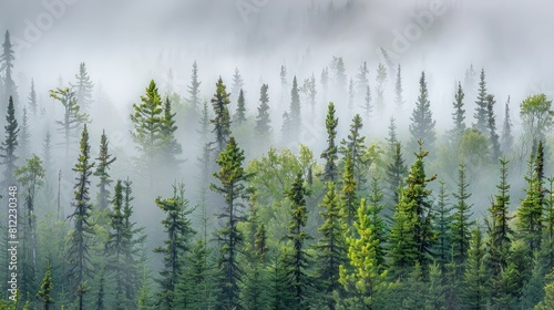 An enchanting forest landscape veiled in mist.