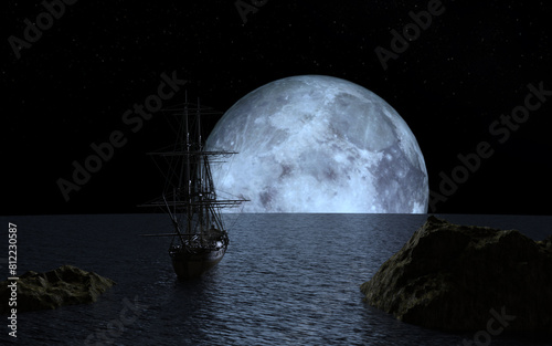 Sailboat at the full blue moon