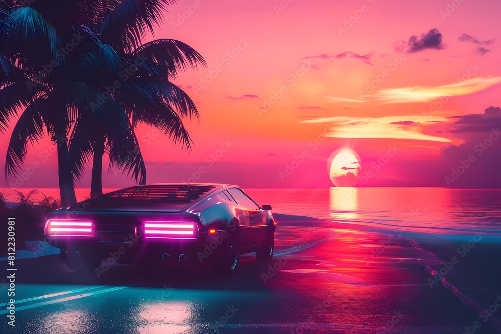 Retro sports car on tropical beach at sunset. Digital artwork for design and print. Tropical and vintage concept.