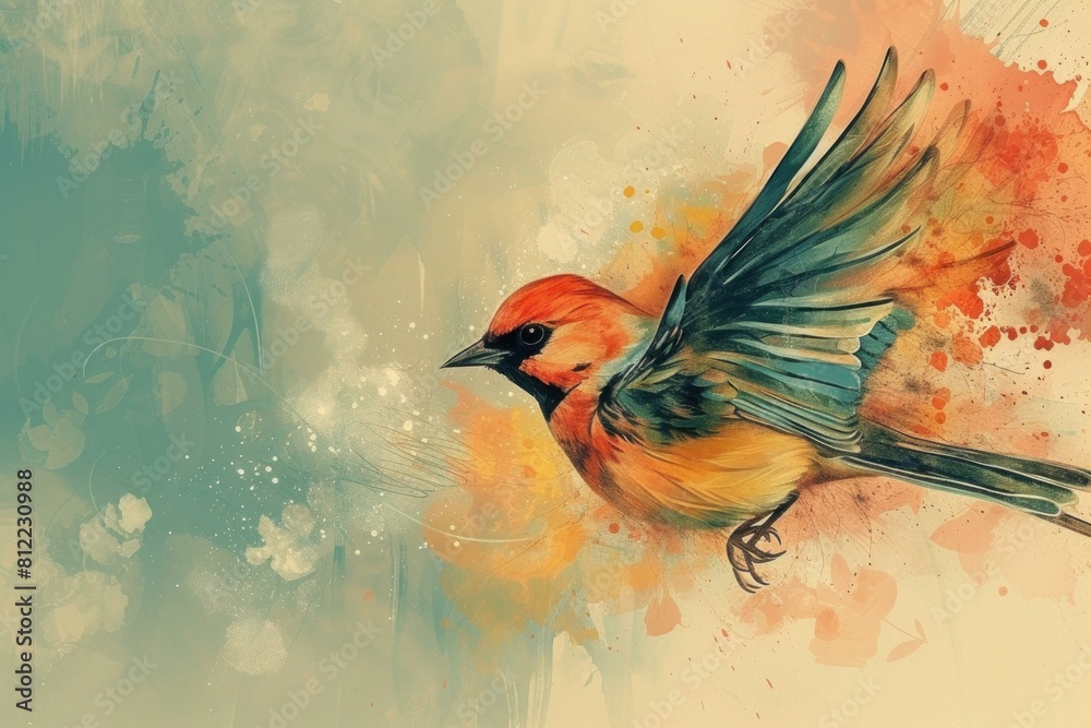 Fototapeta premium Colorful Bird in wild nature illustration. Wildlife bird sitting on tree branch morning beauty. Generate ai