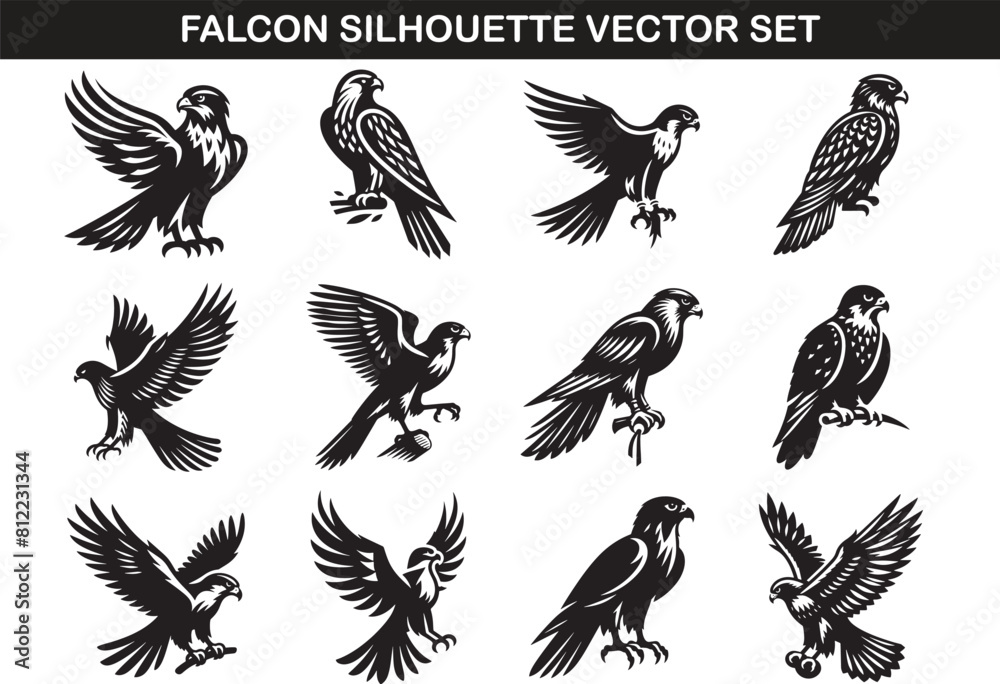 Obraz premium Falcon Bird Silhouette Vector Illustration Set