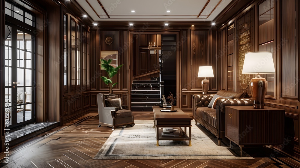 Picture a wooden entrance hallway that marries classic charm with modern sensibility. HD realism accentuates the sleek furniture arrangement, creating a space of timeless beauty.