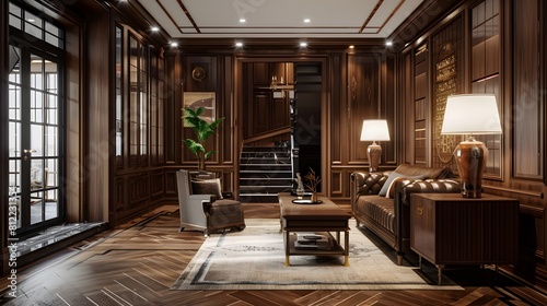 Picture a wooden entrance hallway that marries classic charm with modern sensibility. HD realism accentuates the sleek furniture arrangement, creating a space of timeless beauty. photo