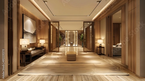 Picture a wooden entrance hallway where clean lines and cozy textures create a space of understated luxury. HD realism accentuates the simplicity of the contemporary furniture arrangement.