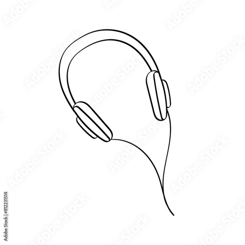 Contour wired headphones isolated. Doodle linear earphone. Music gadget. Device Listening to podcast. Vector illustration. Technology for audition songs. Outline sketch. Simple drawn.