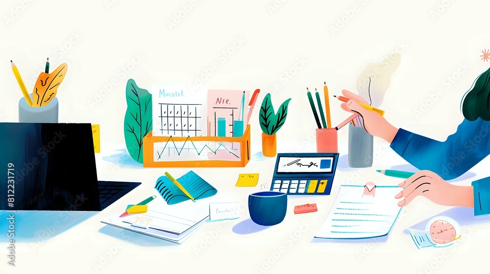 Accountant's Workspace: Laptop, Filing Cabinet, and Calculator Accountant's Workspace: Laptop, Filing Cabinet, and Calculator
