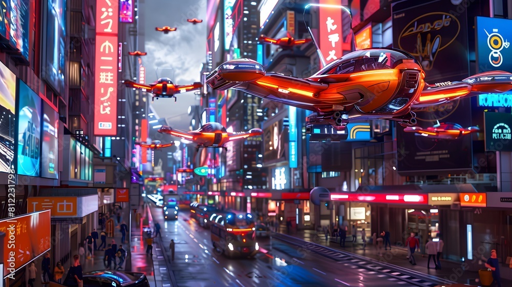 Render a bustling futuristic metropolis with flying cars zipping through neon-lit streets