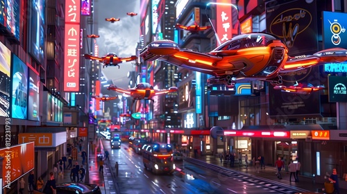 Render a bustling futuristic metropolis with flying cars zipping through neon-lit streets