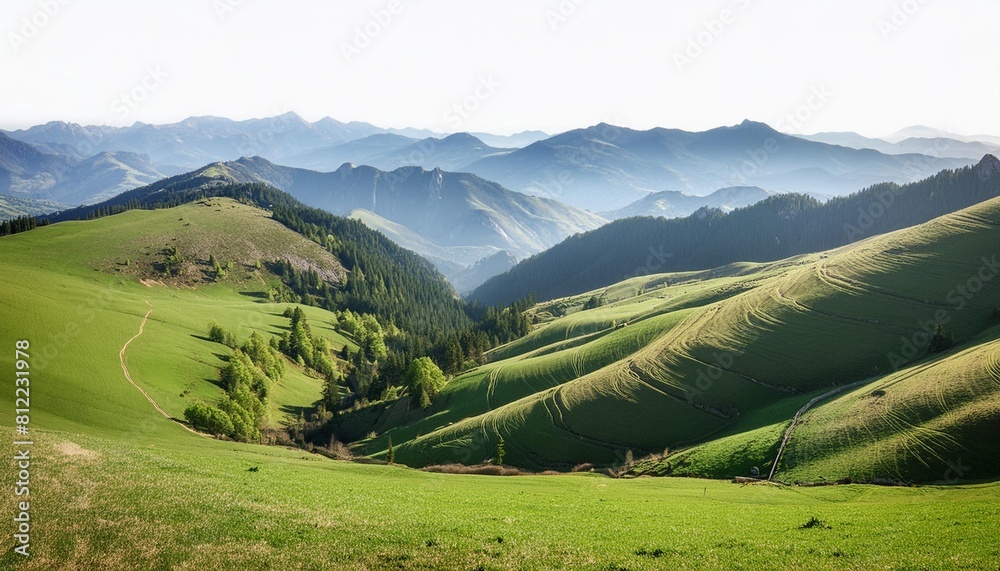 landscape with mountains panorama of beautiful countryside grassy field and rolling hills scenery isolated on white and transparent background ai generate