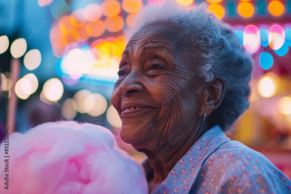 Obraz premium An elderly lady is seen from behind holding cotton candy with carnival lights blurred in the background