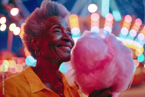 An elderly woman with grey hair smiles joyfully while holding pink cotton candy at a colorful amusement park photo