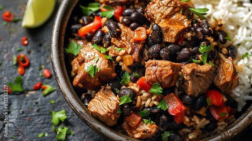 Cuban mojo pork with black beans and rice, closeup of Fresh food serving photo