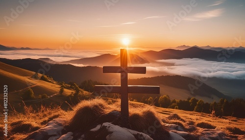 calvary sunset background for good friday he is risen generative ai photo