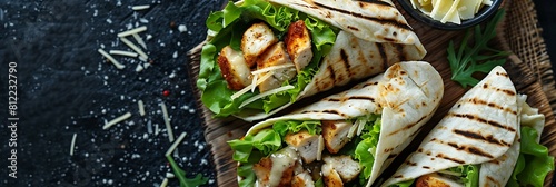 Chicken Caesar wraps with romaine lettuce and parmesan, fresh food banner, top view with copy space
