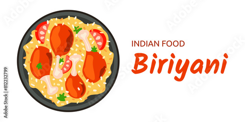 Indian food Biryani - dish of basmati rice, chicken legs on dark plate. Kerala style chicken dhum. Gira, spices and tomatoes. Meal Ramandan. Top view on white background isolated. Vector illustration