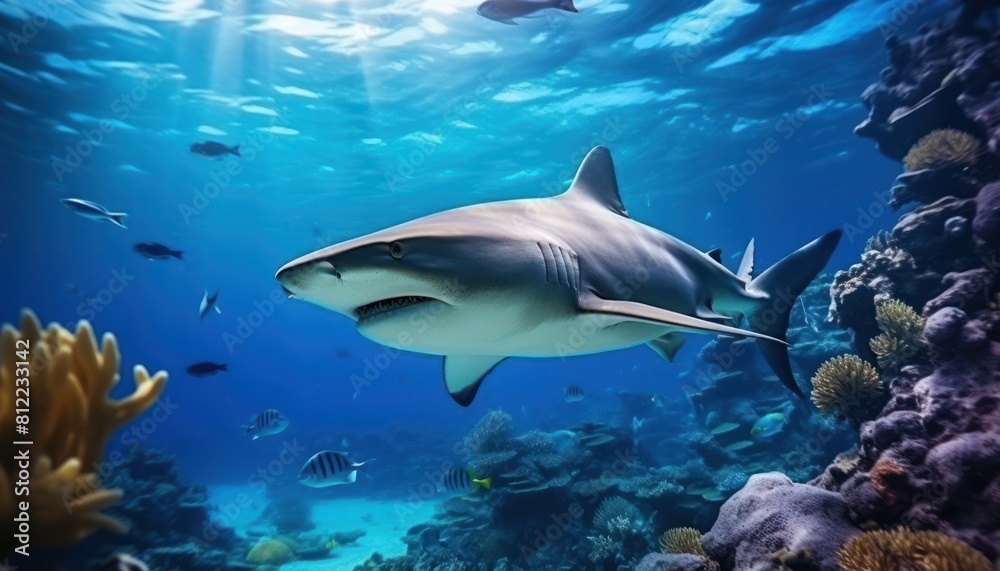 The great White Shark in the ocean, portrait of White shark hunting prey in the underwater The great White Shark in the ocean, portrait of White shark hunting prey in the underwater