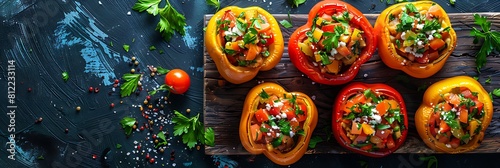Chicken fajita stuffed bell peppers with salsa, top view horizontal food banner with copy space photo
