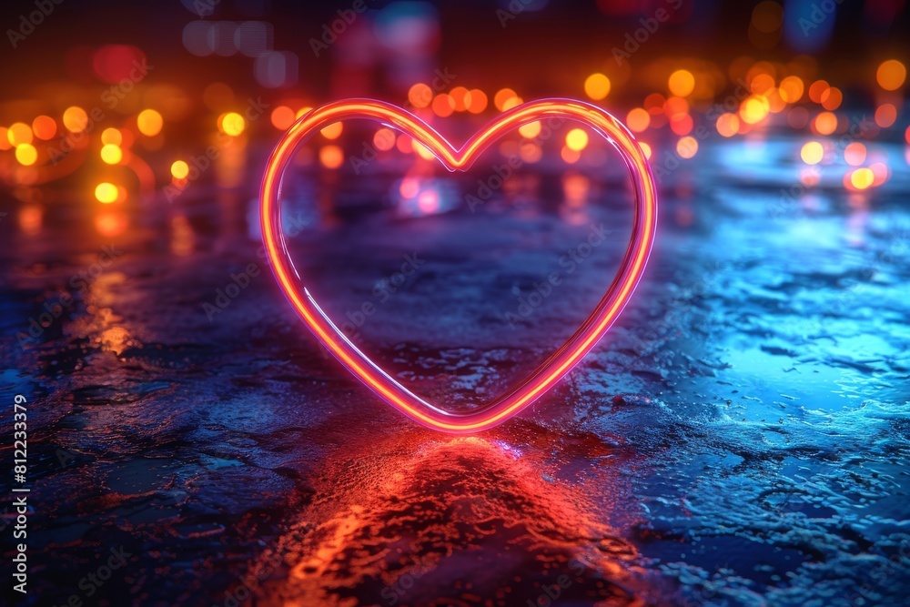 A captivating neon heart glowing amidst reflections on a wet surface portrays warmth and romantic ambience A captivating neon heart glowing amidst reflections on a wet surface portrays warmth and romantic ambience