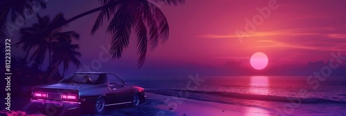 Retro car parked on a tropical beach at sunset with neon lights and palm trees. Retro-futuristic digital art with synthwave and cyberpunk style. Beach drive and sunset scene concept for poster and pri photo