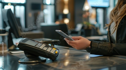 A close-up of a woman's hand holding her smartphone near the card terminal device on the reception desk.