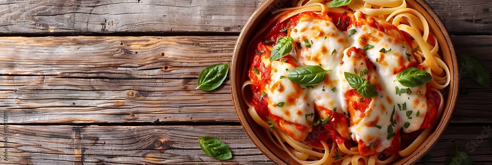 Chicken parmesan pasta with marinara and melted mozzarella, fresh food banner, top view with copy space