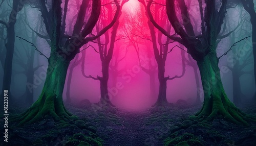 a creepy forest with gnarled trees and a thick fog illuminated by a soft red aurora