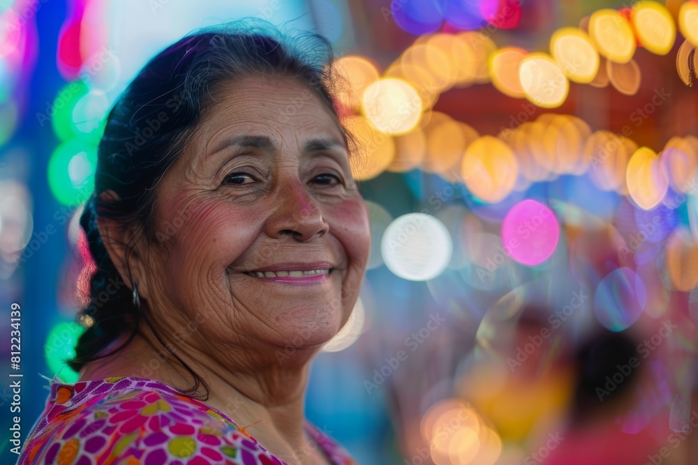 Mature lady with a bright smile and colorful attire enjoys lively fairground atmosphere with vibrant bokeh lights Mature lady with a bright smile and colorful attire enjoys lively fairground atmosphere with vibrant bokeh lights