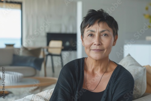 A sophisticated woman poses with confidence in a tastefully decorated contemporary living space Free Download A sophisticated woman poses with confidence in a tastefully decorated contemporary living space - GFXLoad