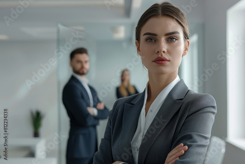 Woman and man in a business suits stand in a modern office