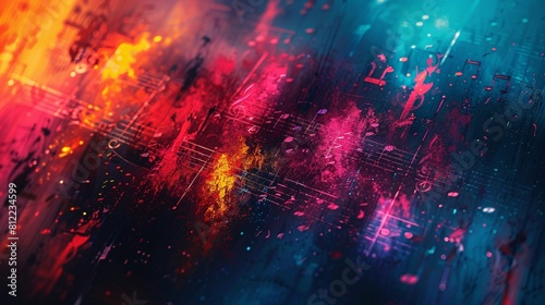 Vibrant abstract painting of musical notes and colorful splashes, depicting the dynamic energy of music
 photo