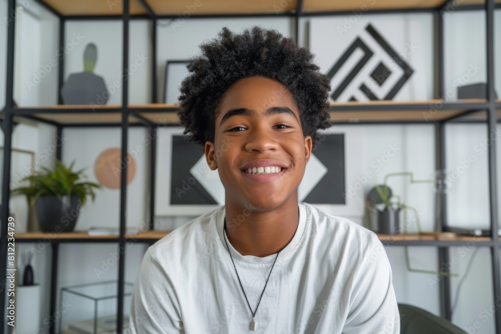 Happy young teenager with curly hair smiles broadly against a backdrop of a modern room