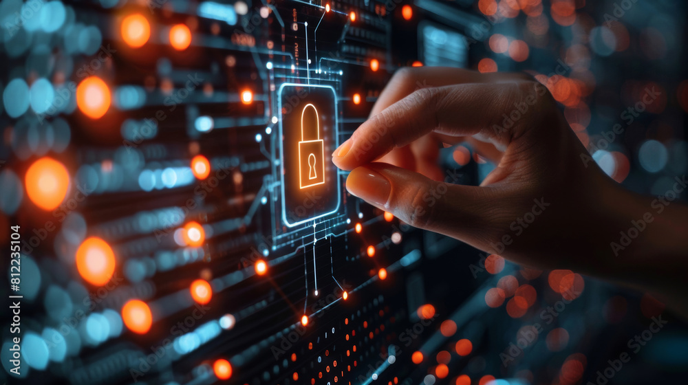 3D lock, cyber security and hand of person in server room for password protected data or storage online. Cloud computing, information technology and safety with user unlocking database for networking