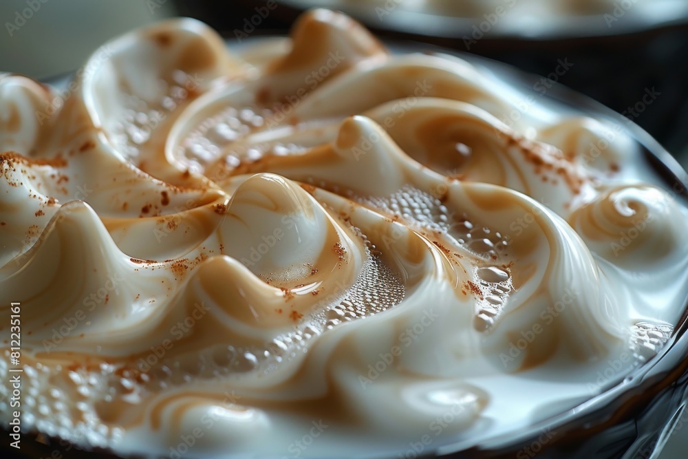 A macro photograph captures the intricate swirls and textures of a creamy dessert topping, sprinkled with spice A macro photograph captures the intricate swirls and textures of a creamy dessert topping, sprinkled with spice