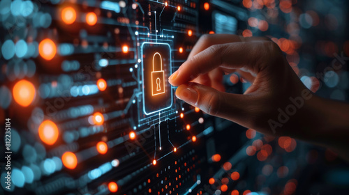 3D lock, cyber security and hand of person in server room for password protected data or storage online. Cloud computing, information technology and safety with user unlocking database for networking