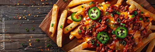 Chili cheese fries with jalapenos, fresh food banner, top view with copy space