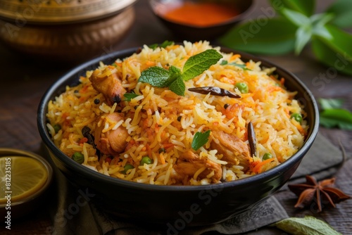 Fragrant Biryani rice. Meal spicy traditional. Generate AI