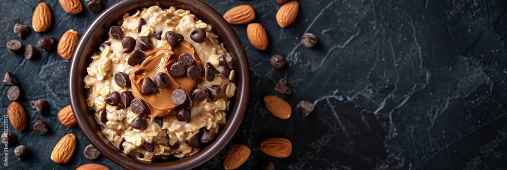 Chocolate chip cookie dough overnight oats with almond butter, top view horizontal food banner with copy space
