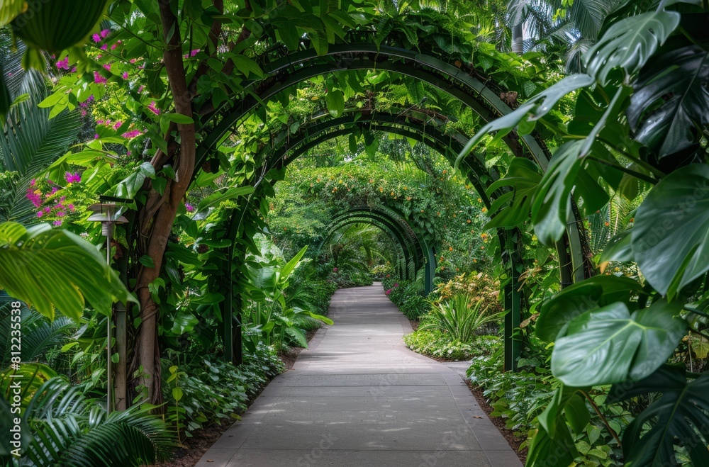 Naklejka premium Lush green archway made of climbing plants and vines