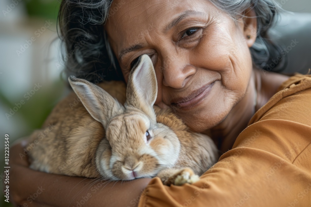 A close-up image showing an individual warmly embracing a brown rabbit, highlighting the concept of human-animal affection A close-up image showing an individual warmly embracing a brown rabbit, highlighting the concept of human-animal affection