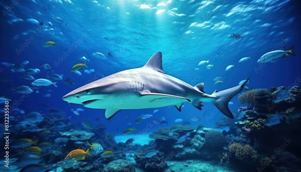 The great White Shark in the ocean, portrait of White shark hunting prey in the underwater The great White Shark in the ocean, portrait of White shark hunting prey in the underwater