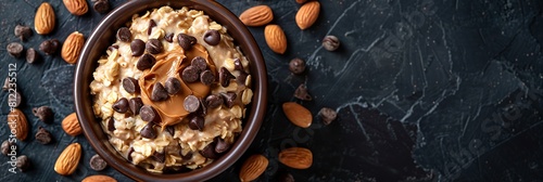 Chocolate chip cookie dough overnight oats with almond butter, top view horizontal food banner with copy space photo