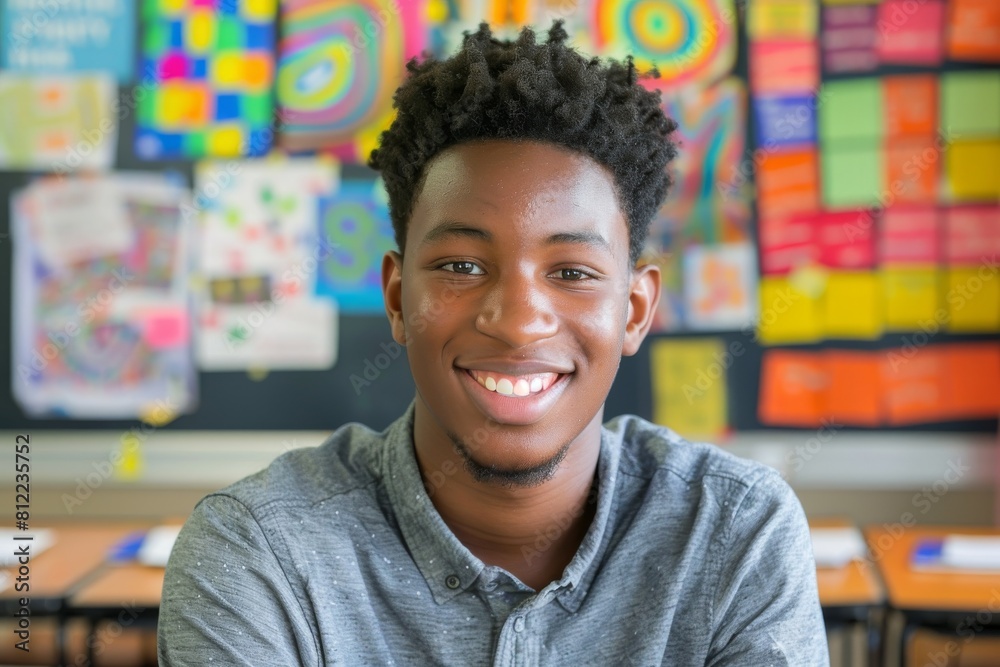 A cheerful teenage boy with a bright smile in a classroom, representing youthful optimism and education A cheerful teenage boy with a bright smile in a classroom, representing youthful optimism and education