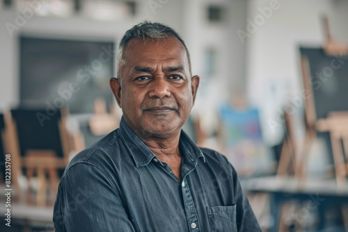 A serious looking man in a black shirt standing in an art workshop with blurred background