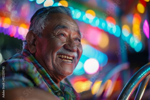 Image captures a person at a festive carnival setting surrounded by vivid  colorful lights