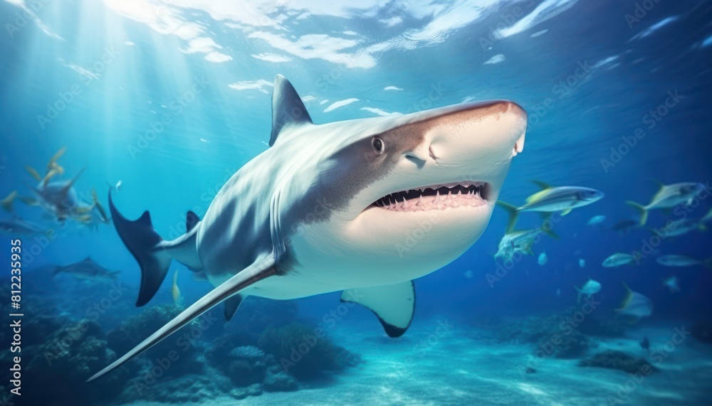 Fototapeta premium The great White Shark in the ocean, portrait of White shark hunting prey in the underwater