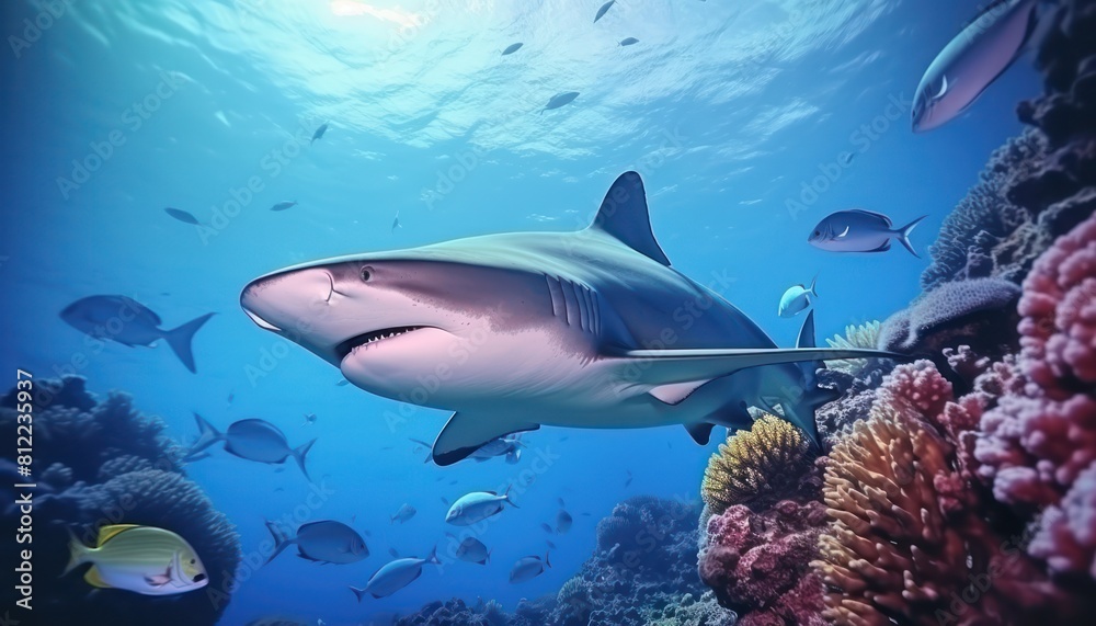 Fototapeta premium The great White Shark in the ocean, portrait of White shark hunting prey in the underwater