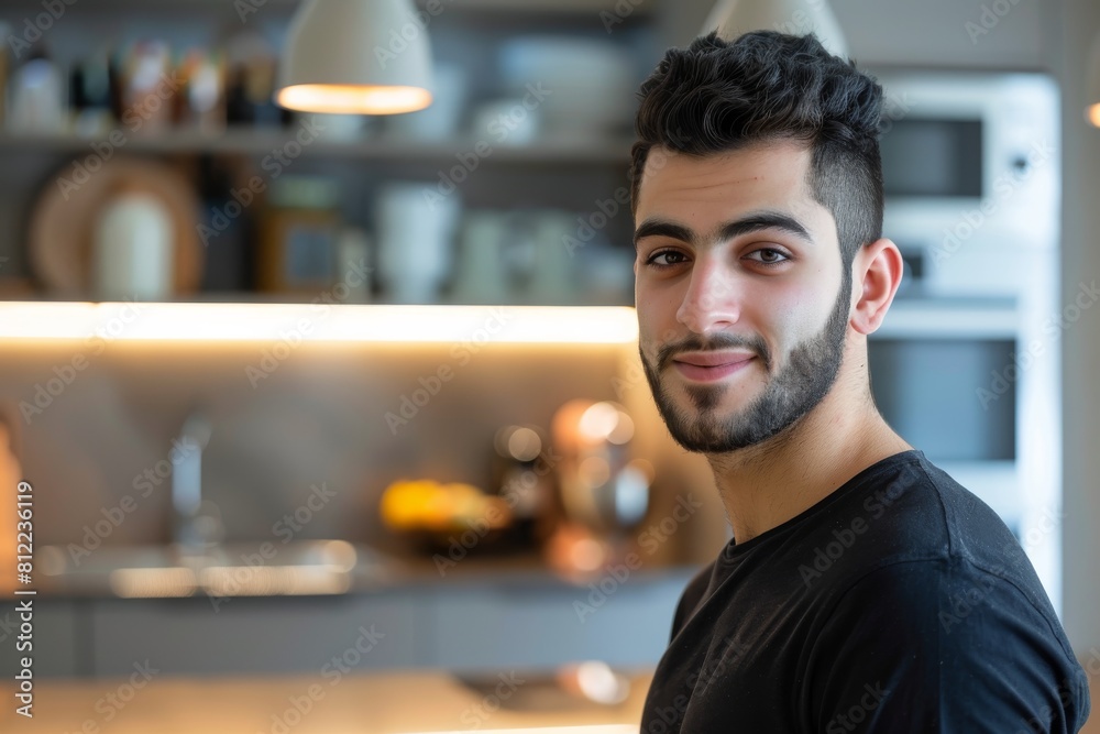A charming young man smiling at the camera with a contemporary kitchen setting in the background A charming young man smiling at the camera with a contemporary kitchen setting in the background